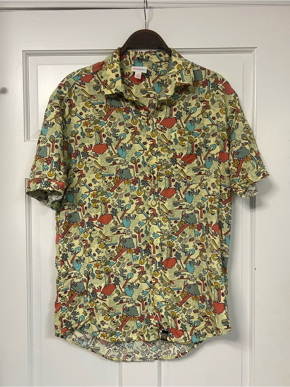 LuLaRoe Yellow Short-Sleeve Button-Down with Red, Blue and Green Cartoon Motifs